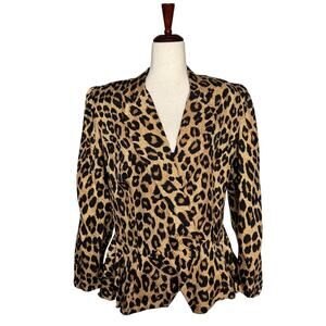 Mobwife Glam Animal Print 100% Silk Peplum Shoulder Pads Jacket Women 16 Leopard